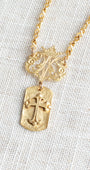 Matte Gold Cross ID Tag Christian Cross Pendant with Filigree Bail on Matte Gold Chain Necklace