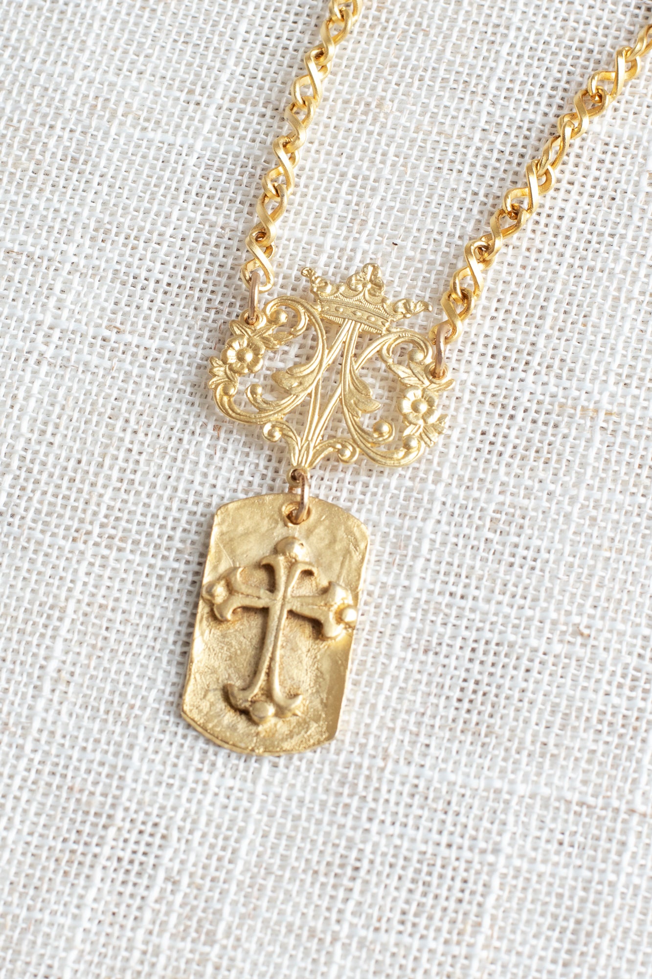 Matte Gold Cross ID Tag Christian Cross Pendant with Filigree Bail on Matte Gold Chain Necklace