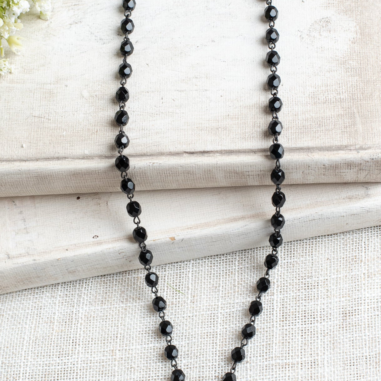 Antique Silver Cherub Angel Pendant on a Black Crystal Rosary Chain Necklace