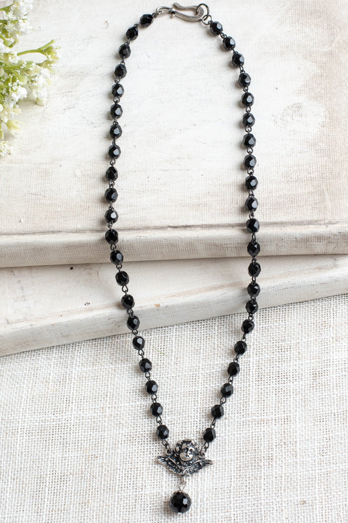 Antique Silver Cherub Angel Pendant on a Black Crystal Rosary Chain Necklace