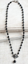 Antique Silver Cherub Angel Pendant on a Black Crystal Rosary Chain Necklace