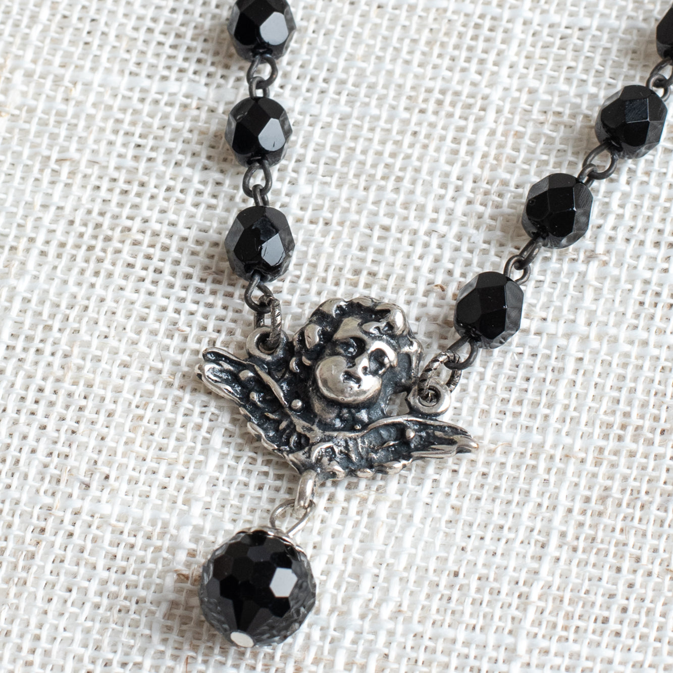 Antique Silver Cherub Angel Pendant on a Black Crystal Rosary Chain Necklace