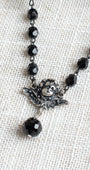 Antique Silver Cherub Angel Pendant on a Black Crystal Rosary Chain Necklace