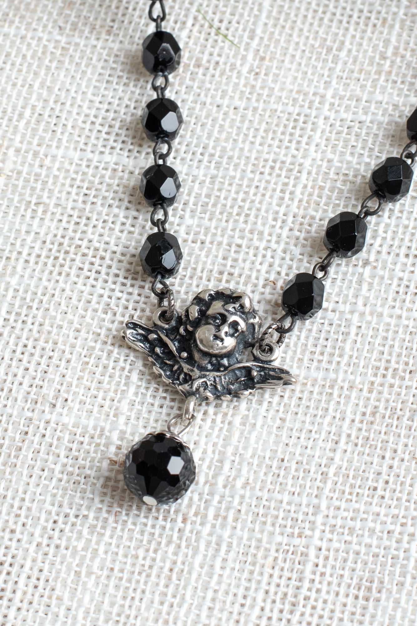 Antique Silver Cherub Angel Pendant on a Black Crystal Rosary Chain Necklace