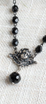 Antique Silver Cherub Angel Pendant on a Black Crystal Rosary Chain Necklace