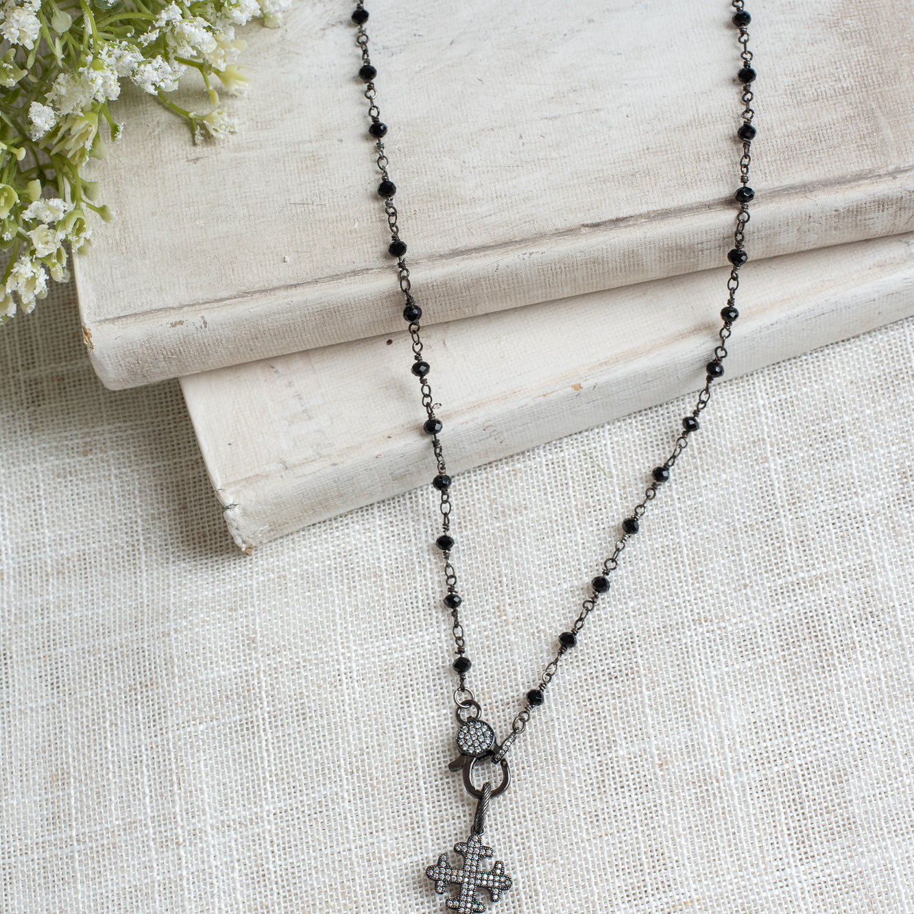 Vintage Style Gunmetal Micro Pavé Clasp, Maltese Cross, and Oval Drop on Black Crystal Rosary Chain Necklace