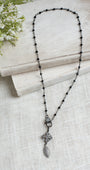 Vintage Style Gunmetal Micro Pavé Clasp, Maltese Cross, and Oval Drop on Black Crystal Rosary Chain Necklace