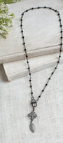 Vintage Style Gunmetal Micro Pavé Clasp, Maltese Cross, and Oval Drop on Black Crystal Rosary Chain Necklace
