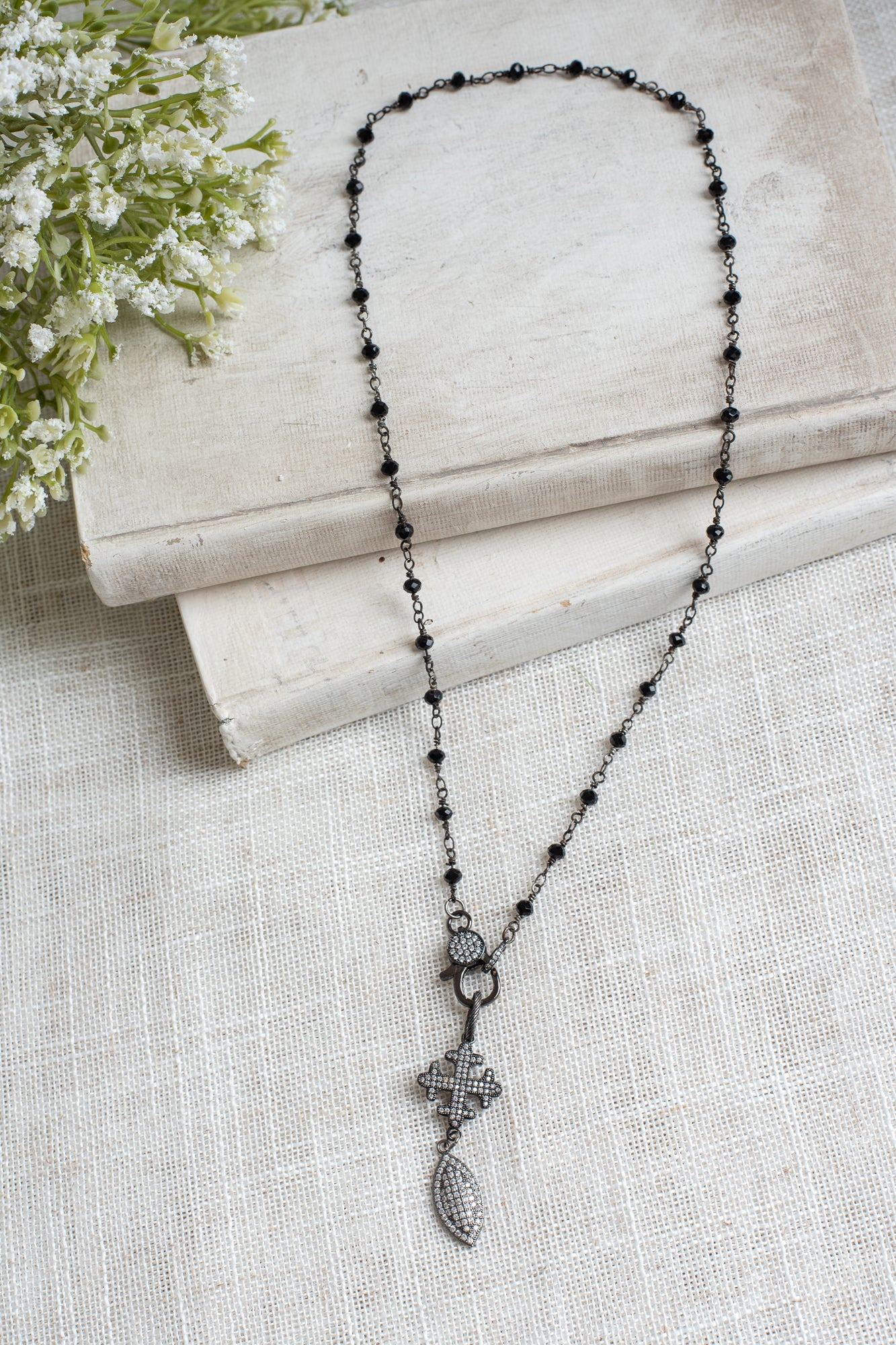 Vintage Style Gunmetal Micro Pavé Clasp, Maltese Cross, and Oval Drop on Black Crystal Rosary Chain Necklace