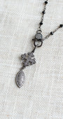 Vintage Style Gunmetal Micro Pavé Clasp, Maltese Cross, and Oval Drop on Black Crystal Rosary Chain Necklace