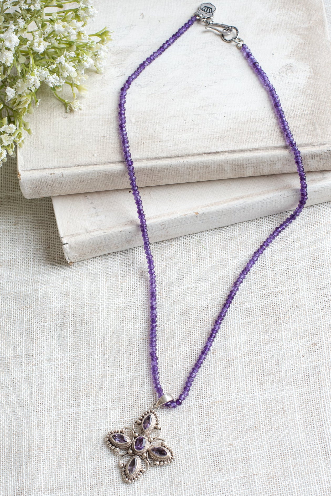 Sterling Silver Filigree Amethyst Cross Pendant on a Faceted Amethyst Strand Necklace