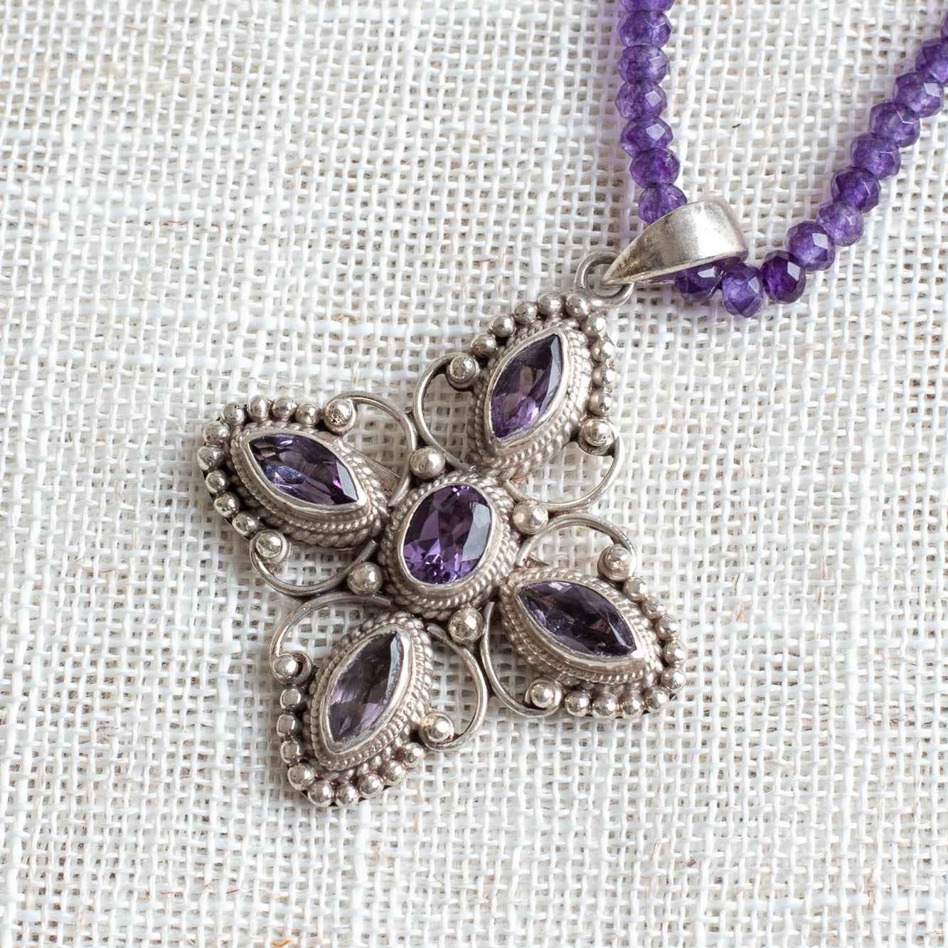 Sterling Silver Amethyst Filigree Cross on a Faceted Amethyst Necklace