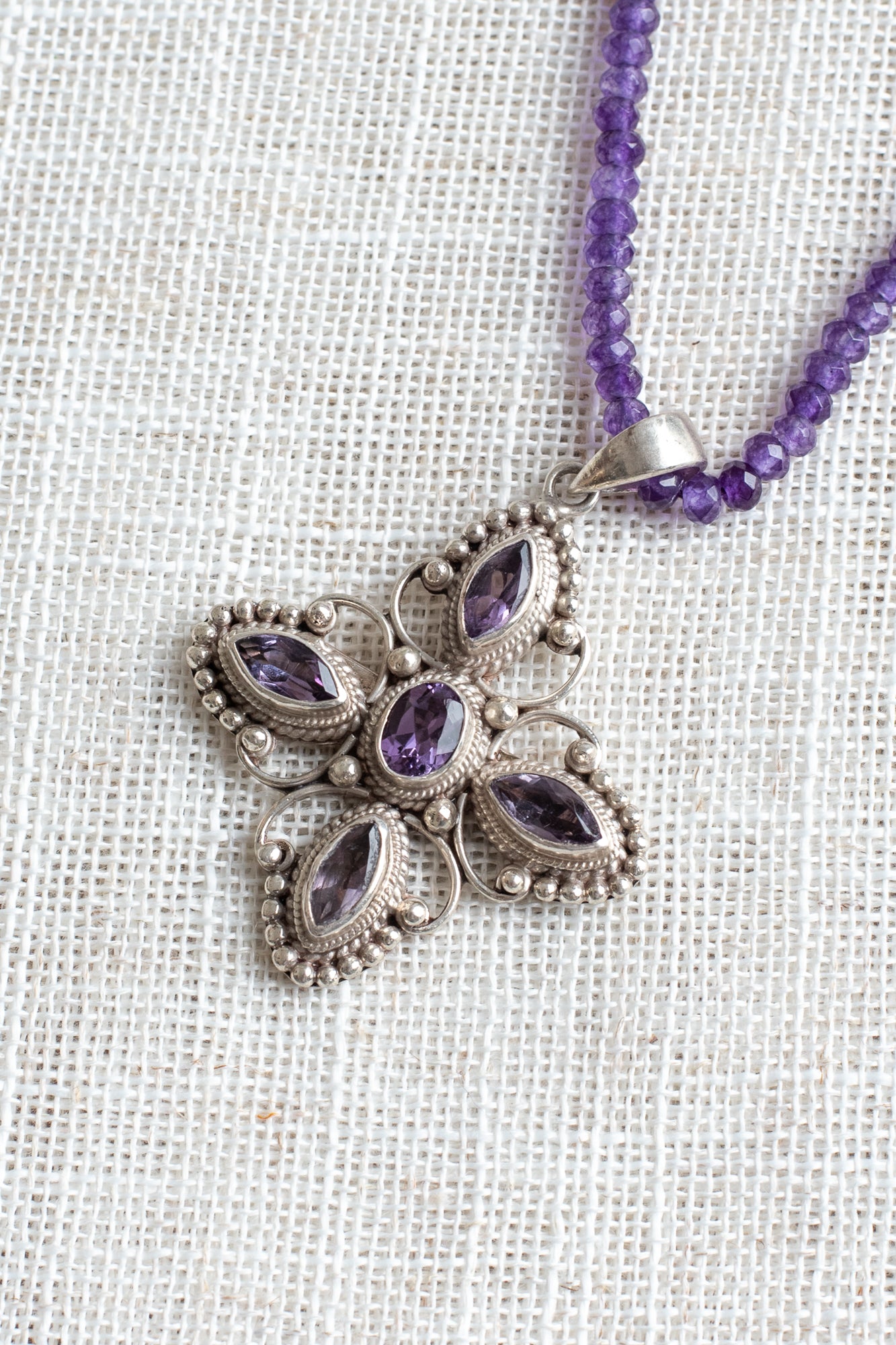 Sterling Silver Filigree Amethyst Cross Pendant on a Faceted Amethyst Strand Necklace