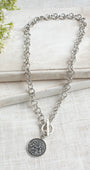 Vintage Cherub Angels and Harp Coin Pendant on a Textured Silvertone Rolo Chain with Front Toggle Necklace