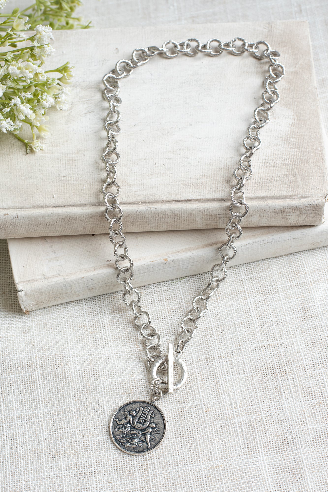 Vintage Cherub Angels and Harp Coin Pendant on a Textured Silvertone Rolo Chain with Front Toggle Necklace