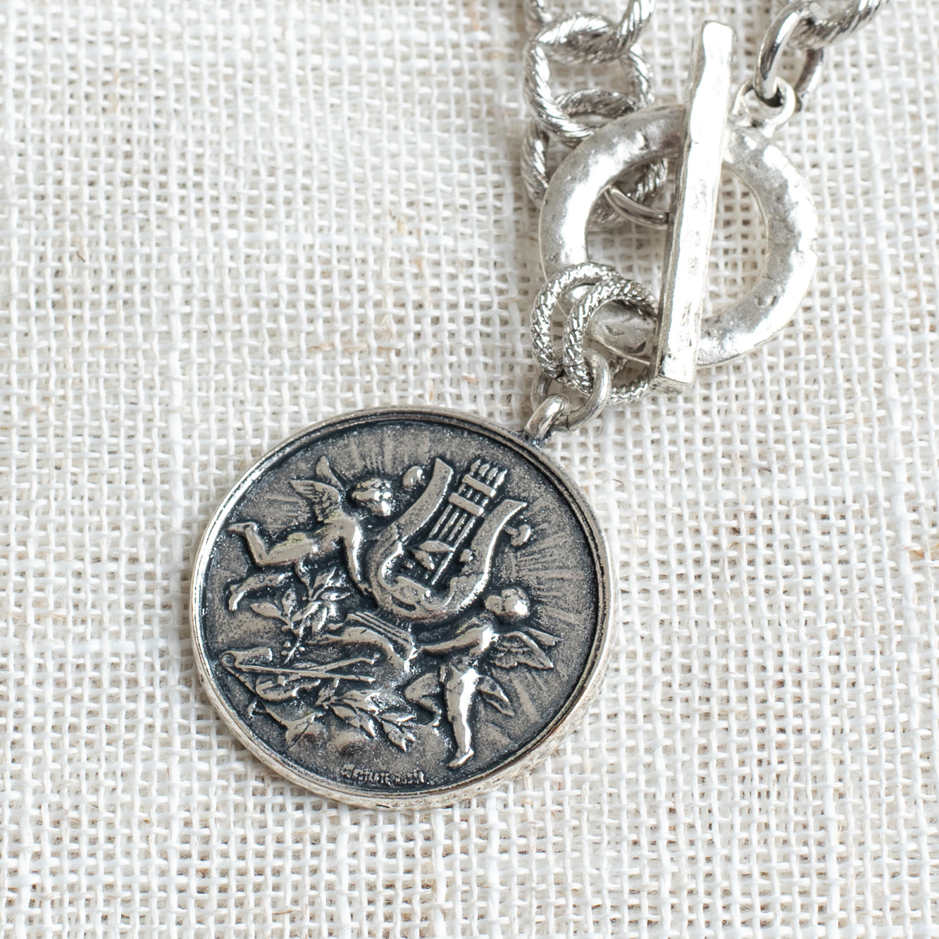 Vintage Cherub Angels and Harp Coin Pendant on a Textured Silvertone Rolo Chain with Front Toggle Necklace