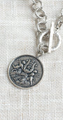 Vintage Cherub Angels and Harp Coin Pendant on a Textured Silvertone Rolo Chain with Front Toggle Necklace