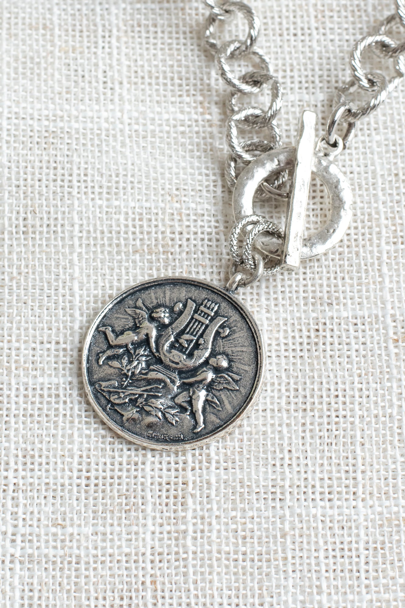 Vintage Cherub Angels and Harp Coin Pendant on a Textured Silvertone Rolo Chain with Front Toggle Necklace