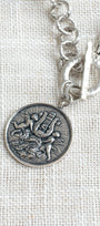 Vintage Cherub Angels and Harp Coin Pendant on a Textured Silvertone Rolo Chain with Front Toggle Necklace