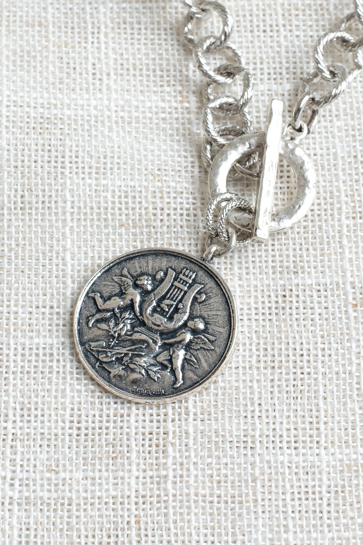Vintage Cherub Angels and Harp Coin Pendant on a Textured Silvertone Rolo Chain with Front Toggle Necklace