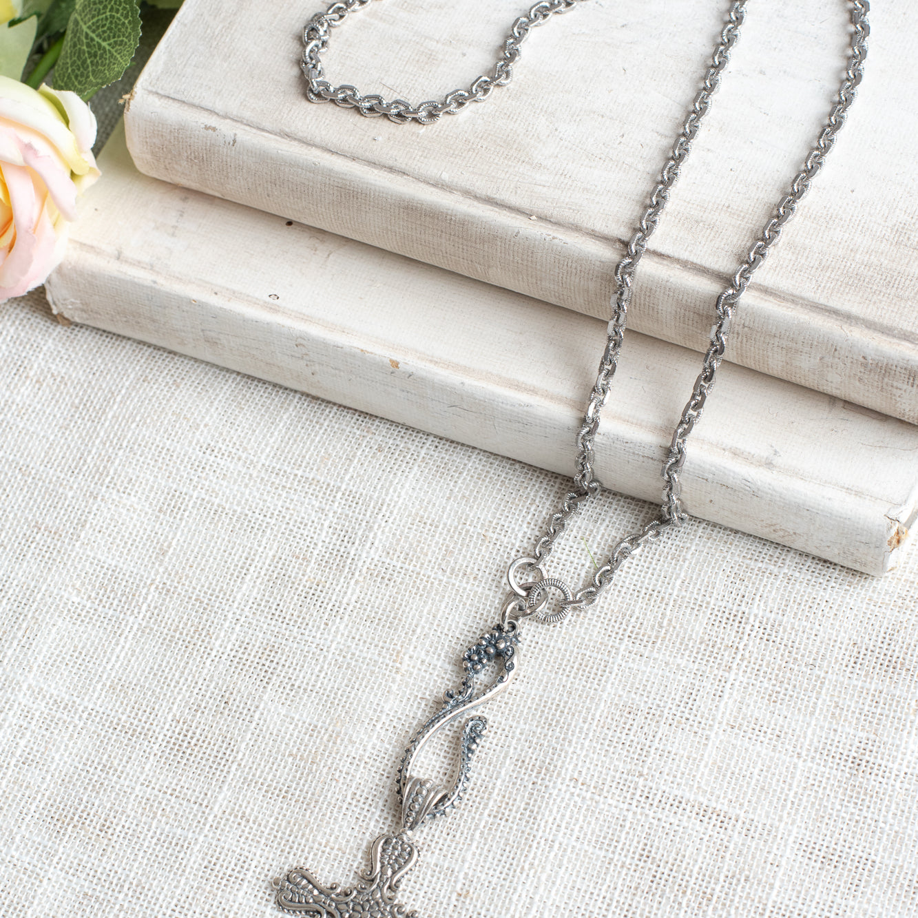 Sterling Silver Ornate Cross on Fancy Figure 8 Drop and Textured Silvertone Chain Necklace