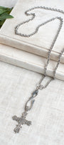 Sterling Silver Ornate Cross on Fancy Figure 8 Drop and Textured Silvertone Chain Necklace