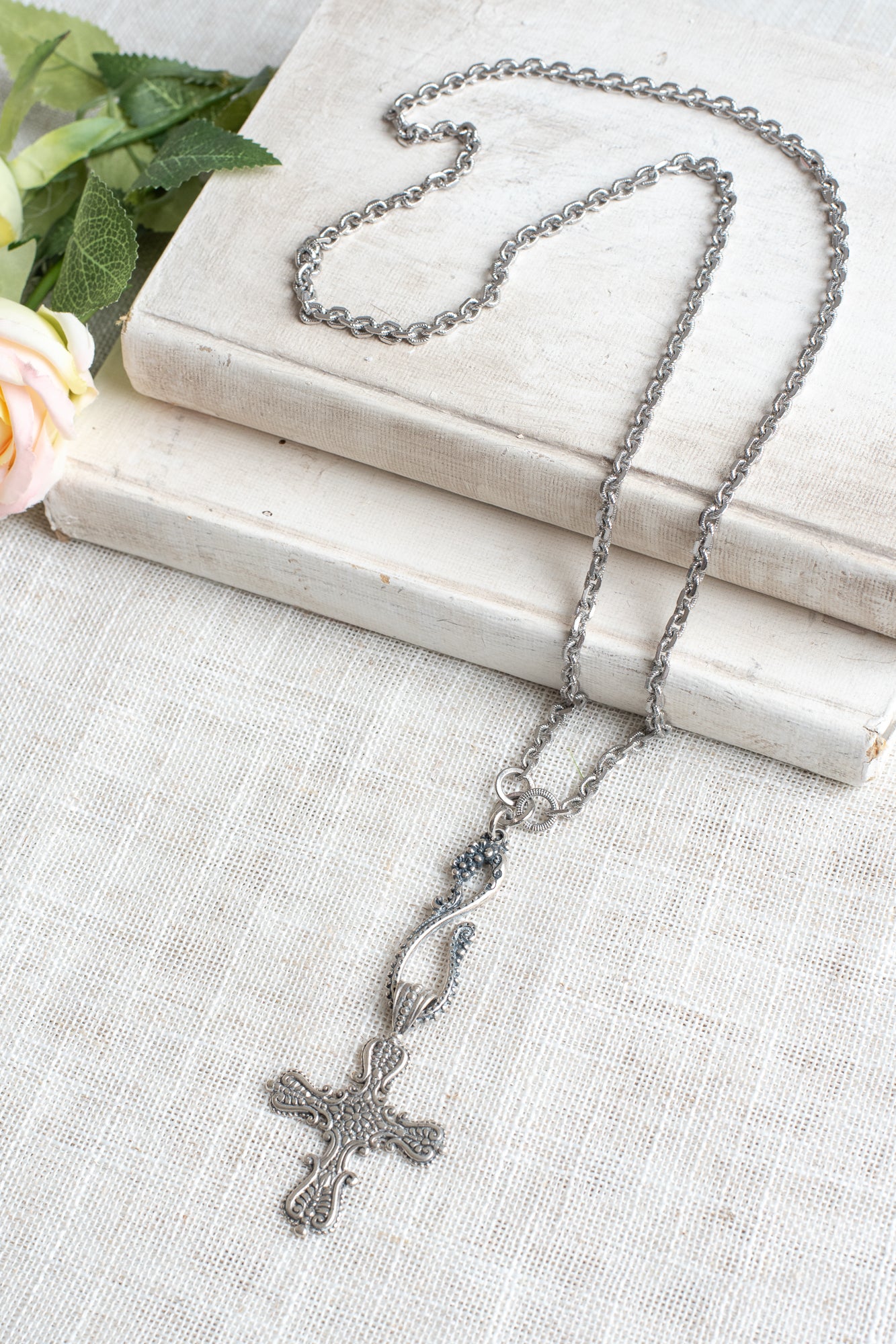 Sterling Silver Ornate Cross on Fancy Figure 8 Drop and Textured Silvertone Chain Necklace