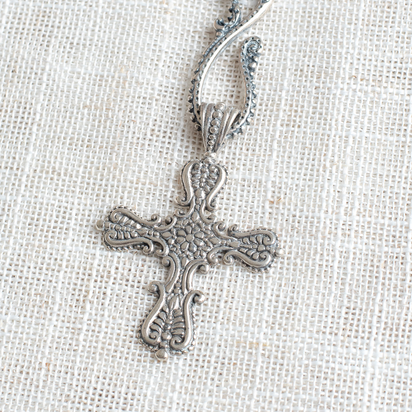 Sterling Silver Cross on Fancy Figure 8 Drop and Textured Silvertone Chain Necklace