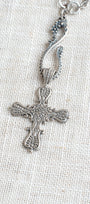 Sterling Silver Cross on Fancy Figure 8 Drop and Textured Silvertone Chain Necklace