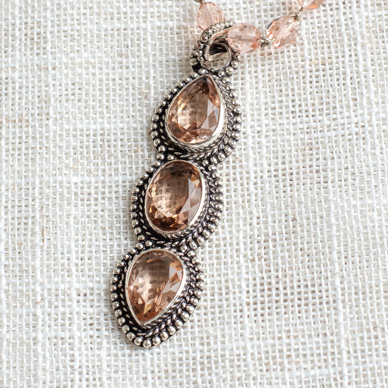 Peach Pink Quartz & Czech Crystal Three-Stone Pendant Necklace