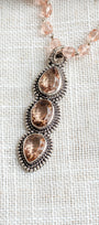 Peach Pink Quartz & Czech Crystal Three-Stone Pendant Necklace