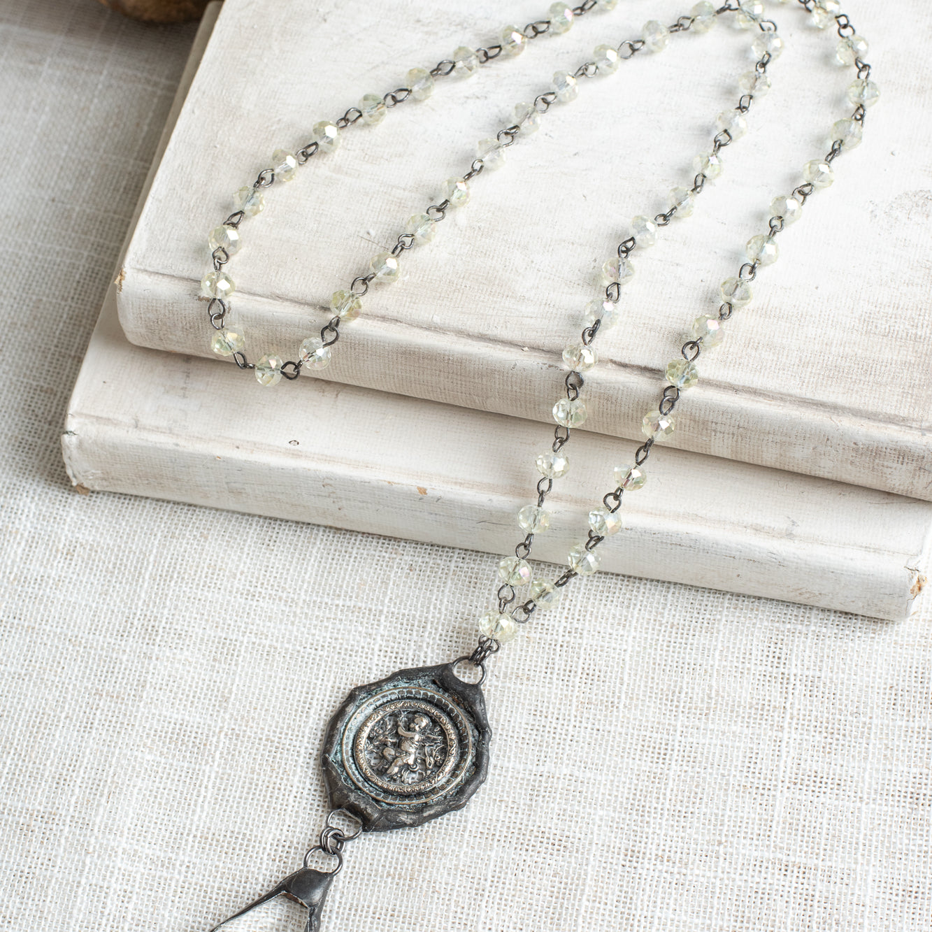 Hand Soldered Antique Silver Cherub Pendant on a Faceted Iridescent Crystal Rosary Bead Necklace