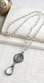Hand Soldered Antique Silver Cherub Pendant on a Faceted Iridescent Crystal Rosary Bead Necklace