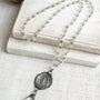 Hand Soldered Antique Silver Cherub Pendant on a Faceted Iridescent Crystal Rosary Bead Necklace