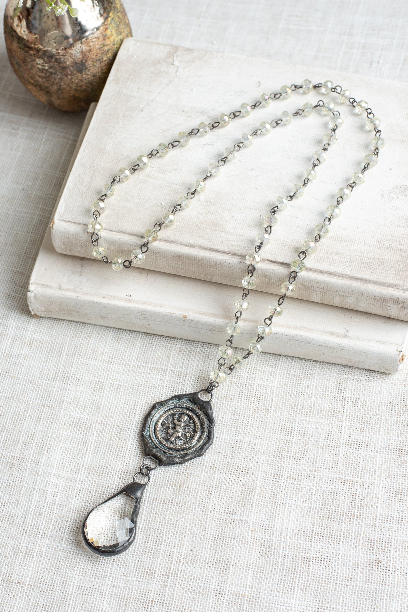 Hand Soldered Antique Silver Cherub Pendant on a Faceted Iridescent Crystal Rosary Bead Necklace