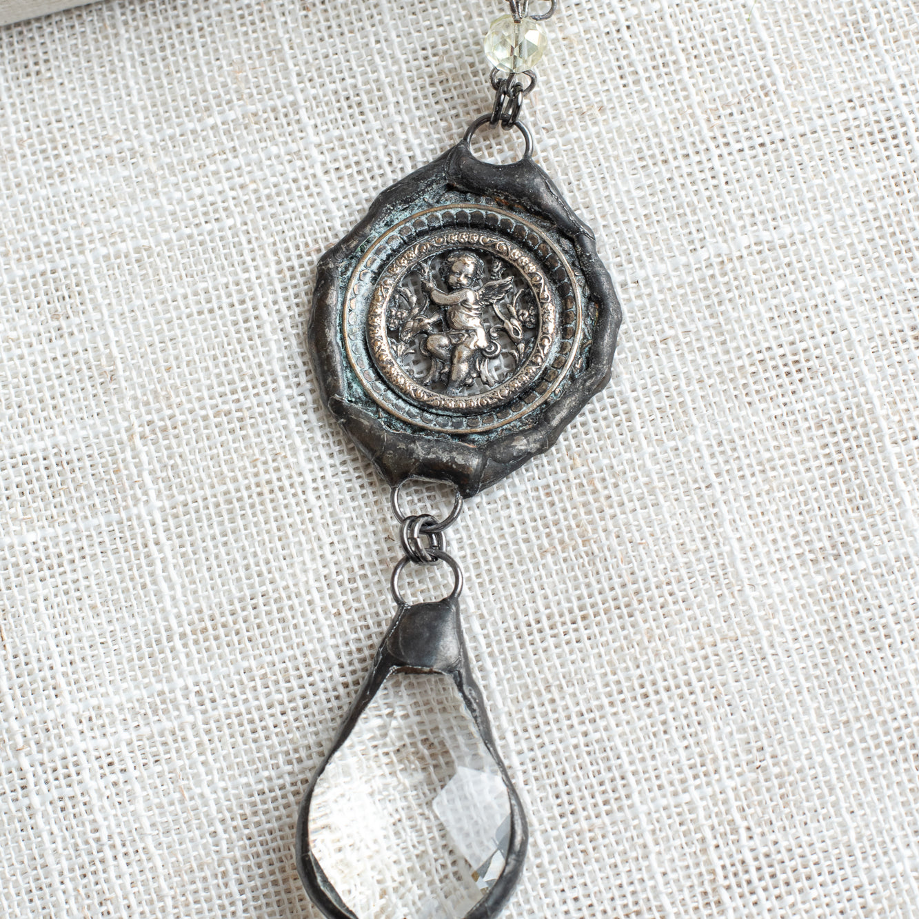 Sterling Silver Cherub Medallion & Chandelier Crystal Rosary Chain Necklace
