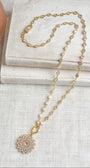 Elegant Gold Plated White Crystal Round Pendant on a Gold Plated Faceted Crystal Station Chain