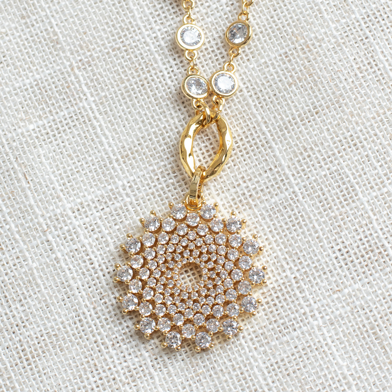 White Faceted Crystal Pendant & Gold-Plated Station Chain Necklace
