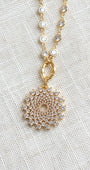 Elegant Gold Plated White Crystal Round Pendant on a Gold Plated Faceted Crystal Station Chain