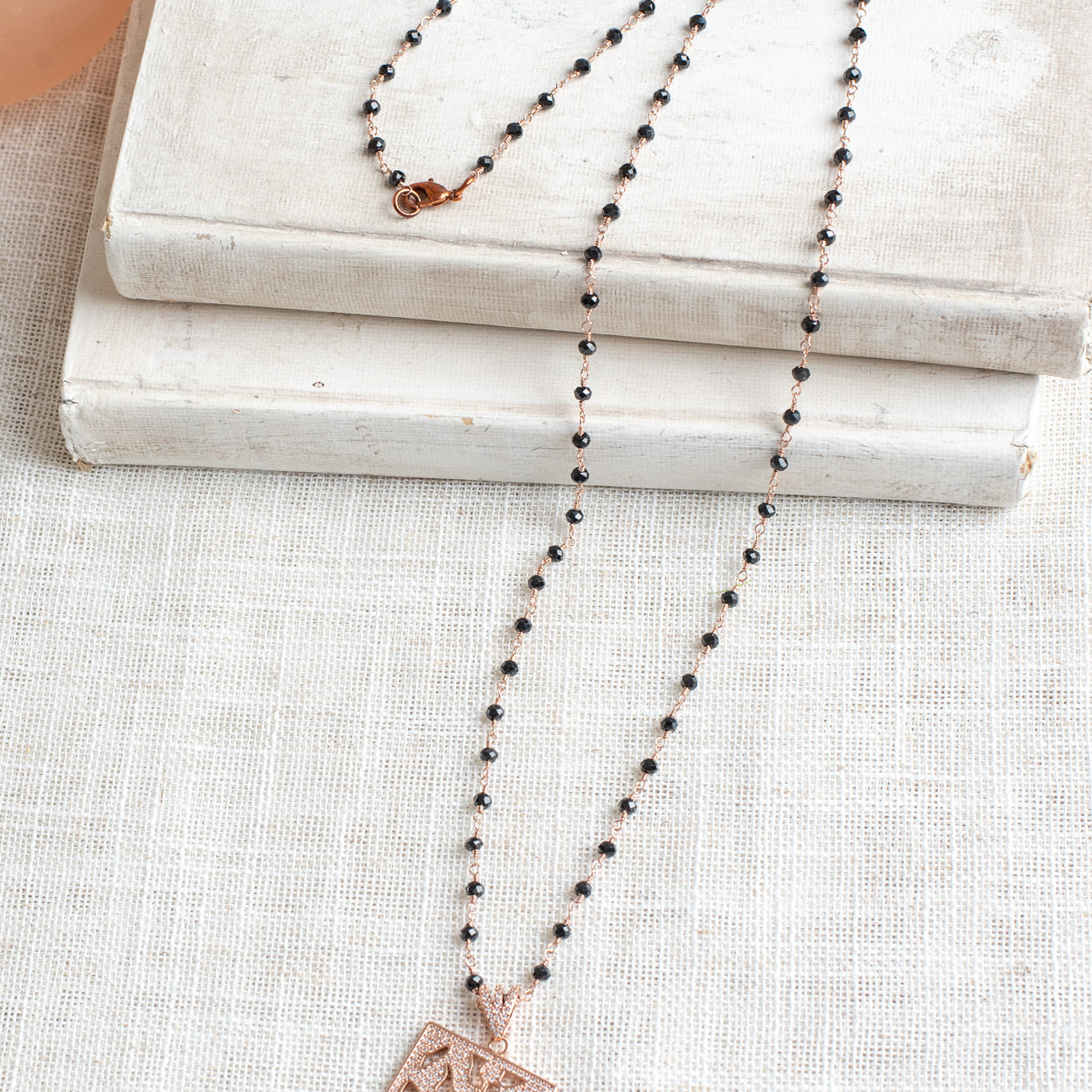 Rose Gold Plated Abstract Micro Pavé Pendant on a Delicate Black Spinel Rosary Chain Necklace