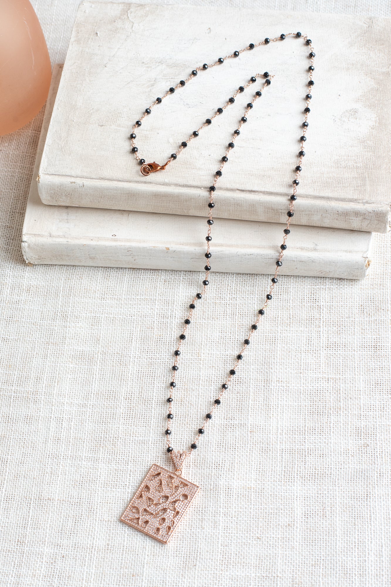 Rose Gold Plated Abstract Micro Pavé Pendant on a Delicate Black Spinel Rosary Chain Necklace