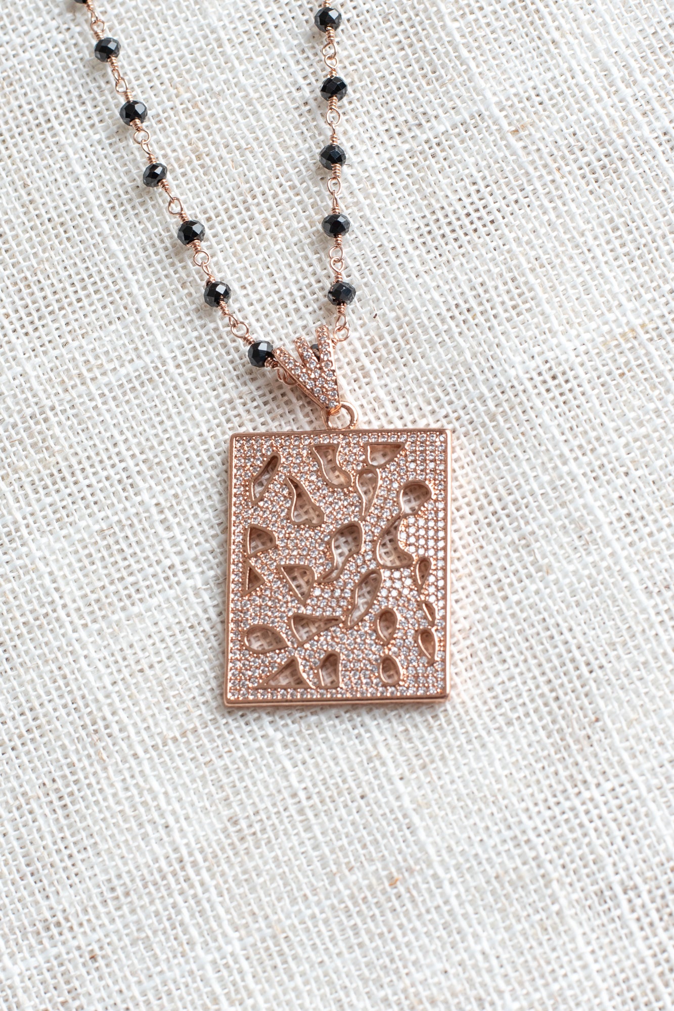 Rose Gold Plated Abstract Micro Pavé Pendant on a Delicate Black Spinel Rosary Chain Necklace