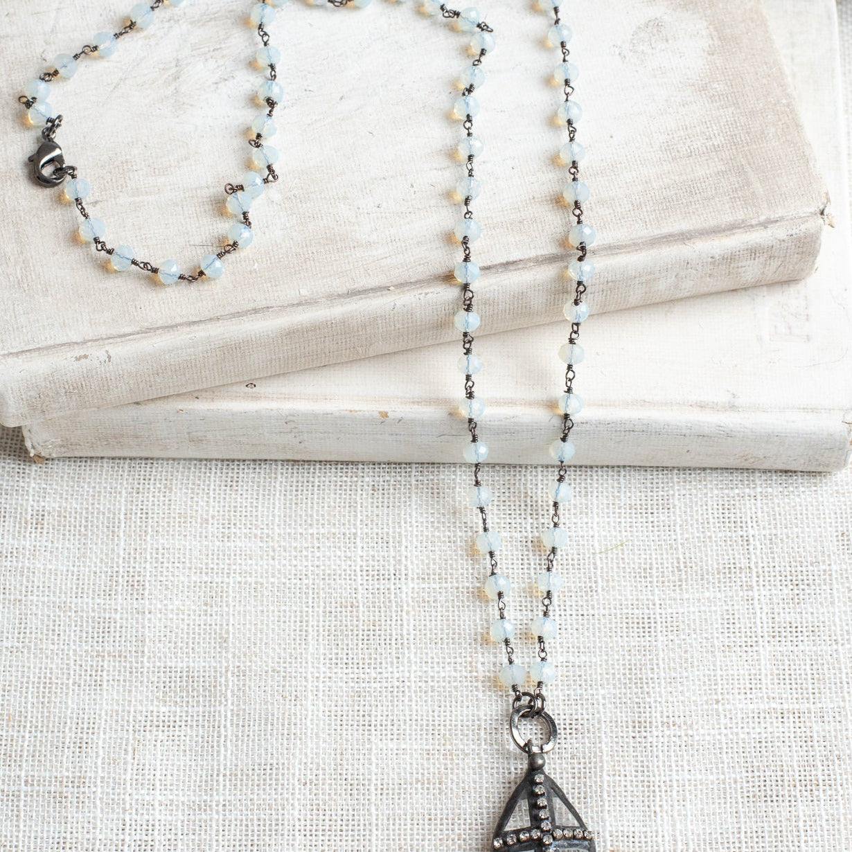 Hand Soldered Crystal and Rhinestone Cross Pendant on a Gunmetal Rosary Chain Opalite Crystal Necklace