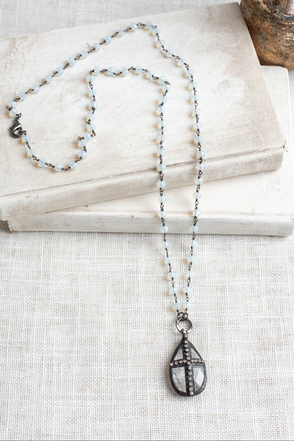 Hand Soldered Crystal and Rhinestone Cross Pendant on a Gunmetal Rosary Chain Opalite Crystal Necklace