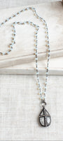 Hand Soldered Crystal and Rhinestone Cross Pendant on a Gunmetal Rosary Chain Opalite Crystal Necklace