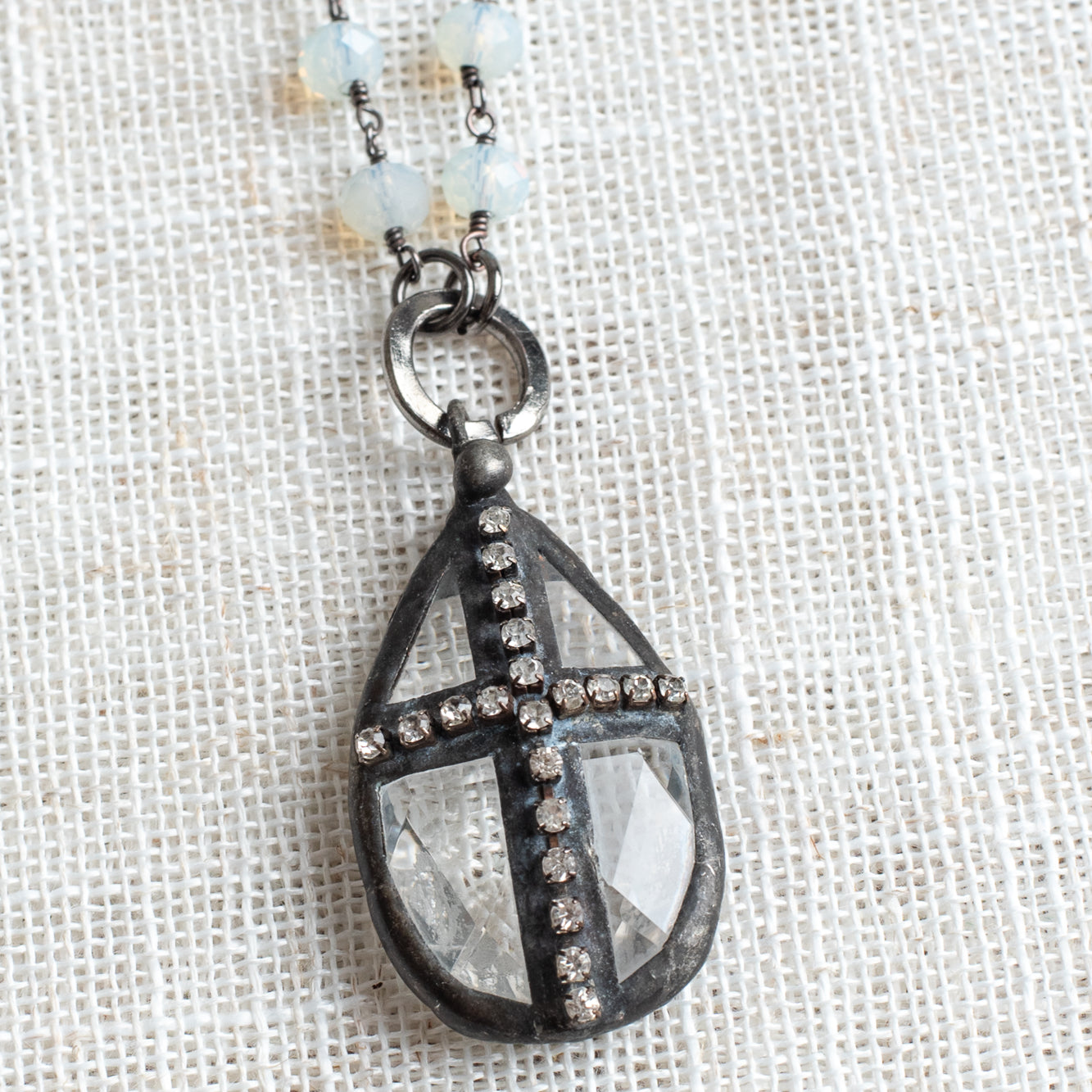 Hand Soldered Crystal and Rhinestone Cross on Opalite Rosary Chain Necklace