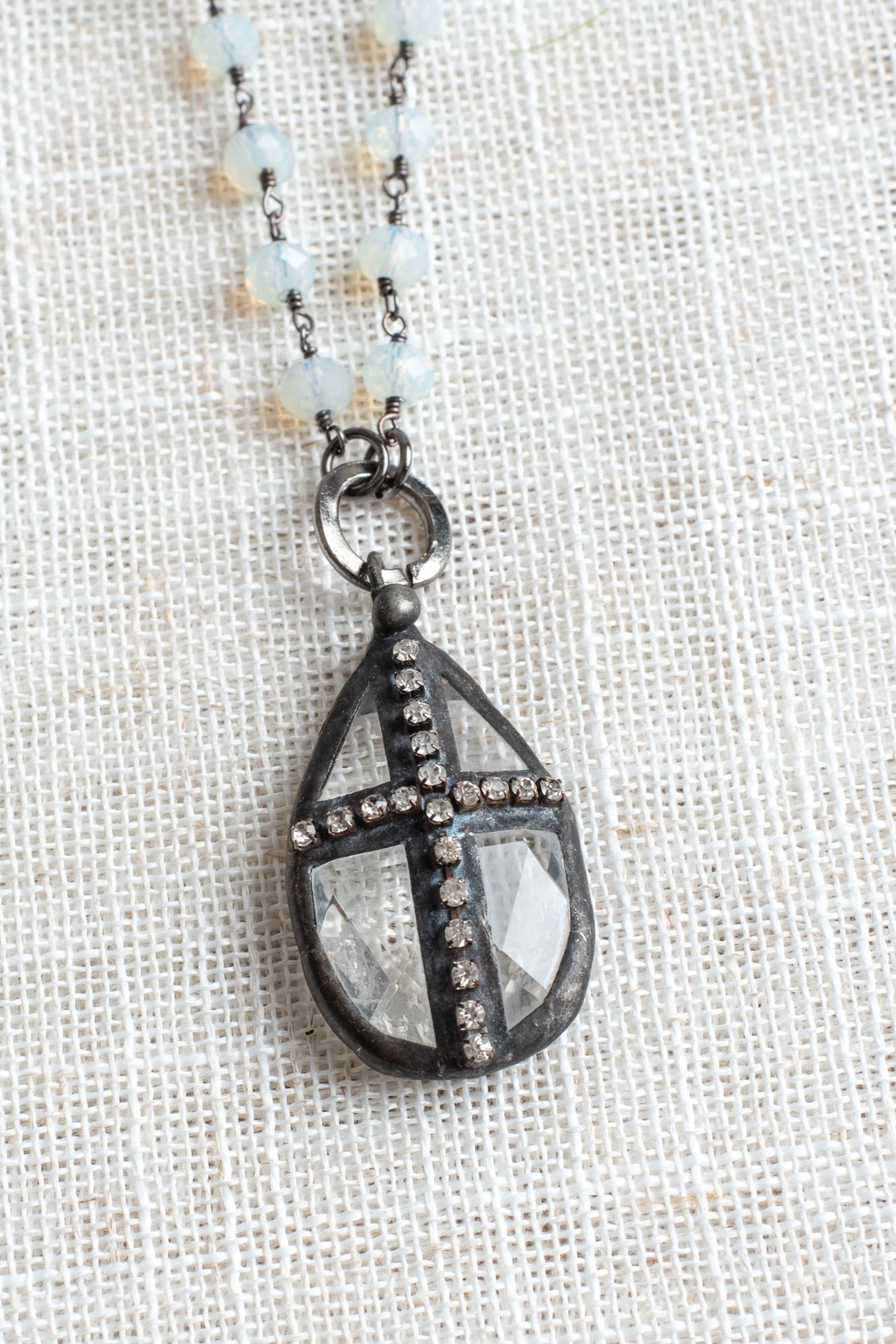 Hand Soldered Crystal and Rhinestone Cross Pendant on a Gunmetal Rosary Chain Opalite Crystal Necklace