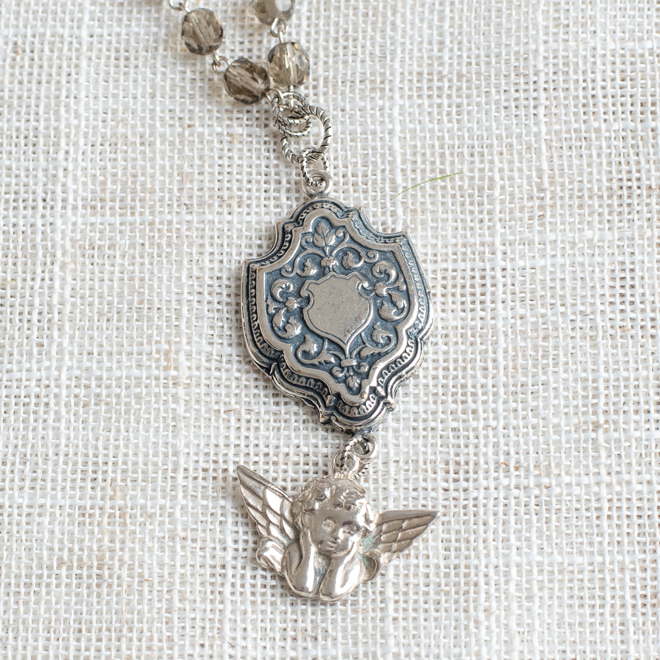 Sterling Silver Cherub & Taupe Czech Crystal Rosary Chain Necklace