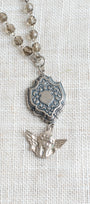 Sterling Silver Cherub & Taupe Czech Crystal Rosary Chain Necklace
