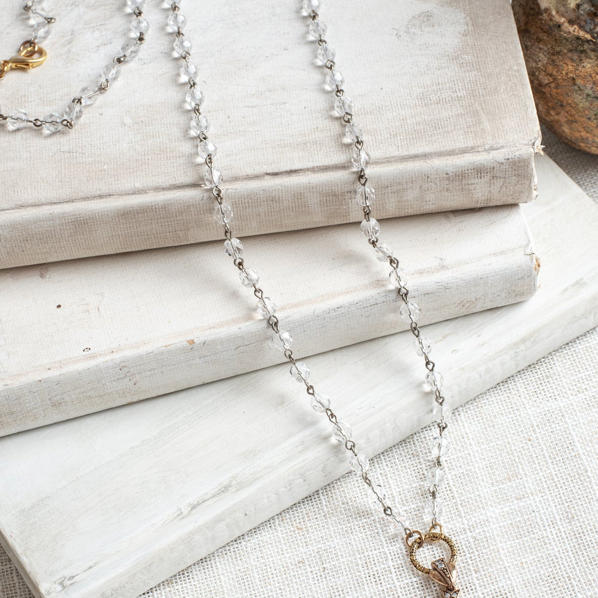 Vintage Style Sterling Silver Pave Cross with Bronze Plating on a Czech Crystal Rosary Chain